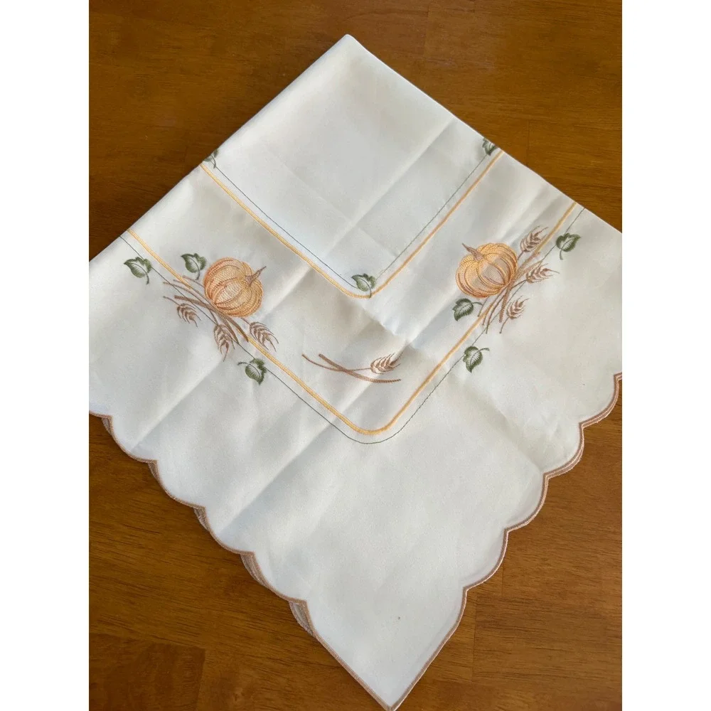 White Square Pumpkin Embroidered Tablecloth Scalloped Edge Harvest Fall Decor